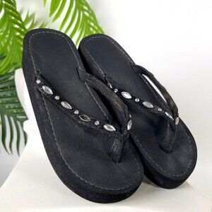 Vintage Y2K Black Rhinestone Embellished Grunge Chunky Platform Flip Flops / 6